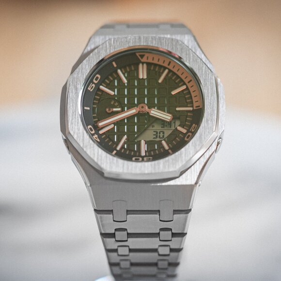 (Brand New) Casio G-Shock GA2100 Full Mod Stainless Steel with Green Waffle Face - Picture 3 of 17